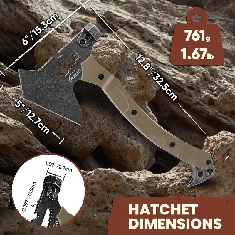 RXLUY Tactical Axe with G10 Handle Camping Survival Hatchet, Multifunctional Hiking Outdoor Heavy Duty Full Tang Tomahawk Tools with Hammer, Unique Design Crowbar, Leather Sheath (Gray) - Image 2